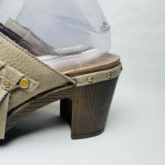 Dansko Deni Taupe Leather Fringe Studded 3” Heel Mule Clog Womens Size 38 US 8 - Picture 2 of 11